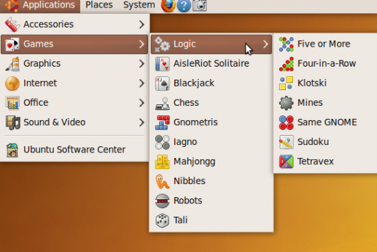 Ubunt'su menu showing games