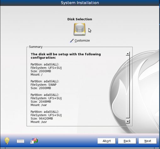 PCBSD 9.1 Install Default Partitions