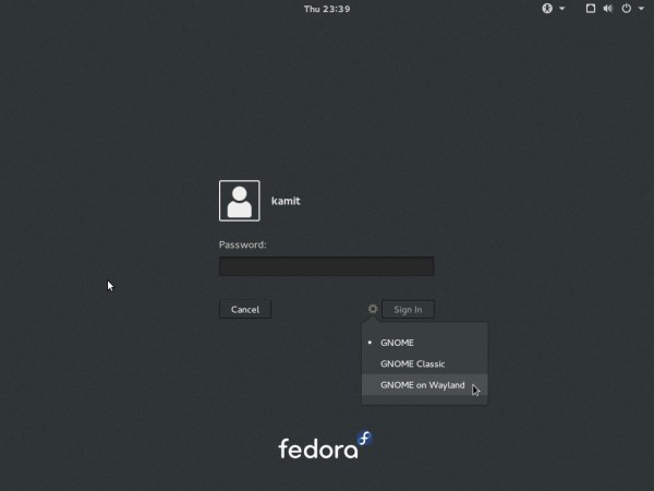Fedora 23 GNOME login window