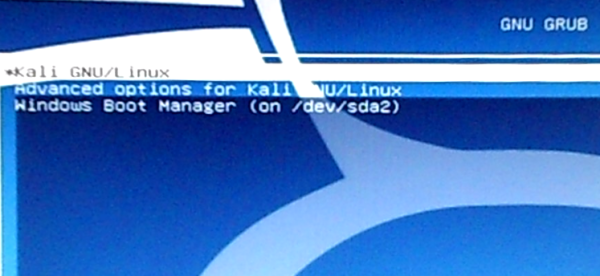 Kali Linux 2 GRUB boot menu