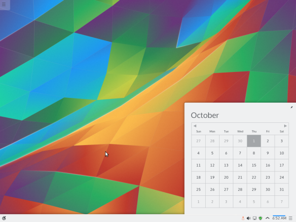 Kubuntu 15.10 desktop: The default desktop of Kubuntu 15.10 showing the panel calendar