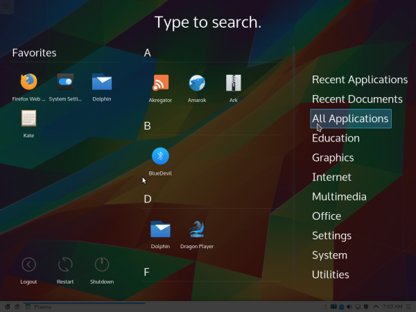 KDE 5 Plasma Application dashboard