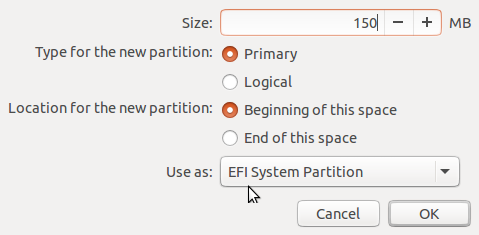 Ubuntu 15.10 create EFI System Partition