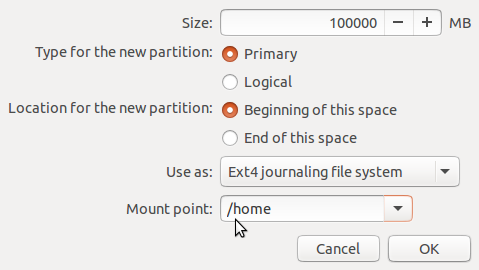 Create home partition Ubuntu 15.10