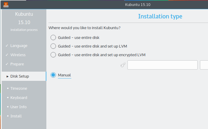 Kubuntu 15.10 manual partition