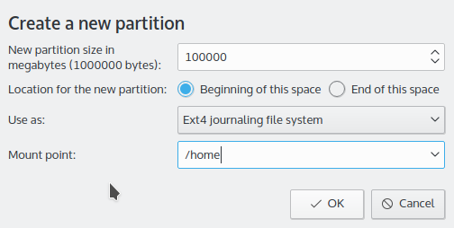 Creating home partition Kubuntu 15.10