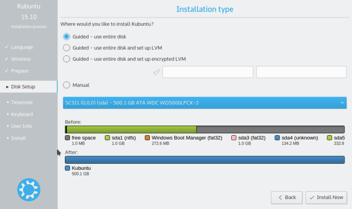 Kubuntu 15.10 partition methods