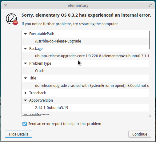 elementary OS Freya 0.3.2 automatic bug reporting