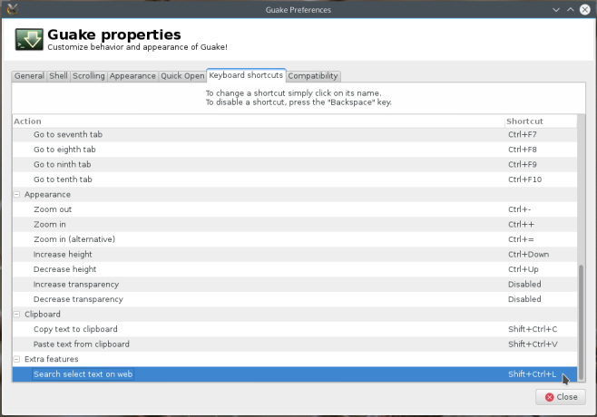 Guake terminal emulator keybindings