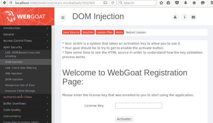 WebGoat DOM injection lesson