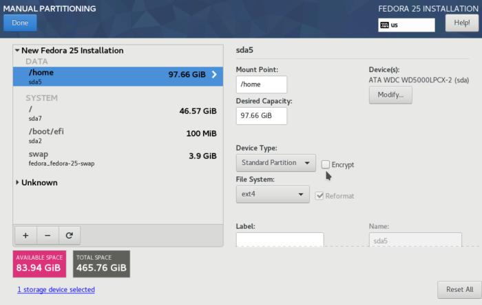 Fedora 25 Anaconda home partition