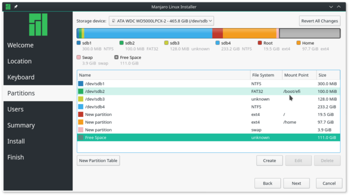 System EFI partition Manjaro 16.10