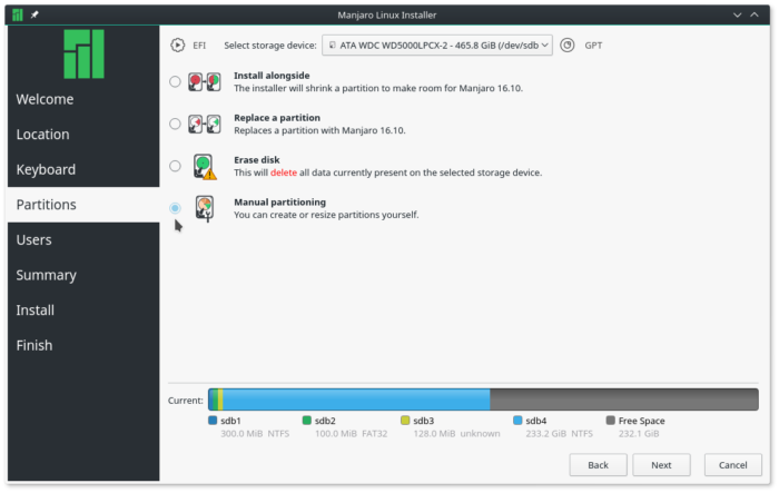 Manual disk partitioning option of Calamares