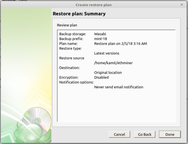 CloudBerry Backup restore interface