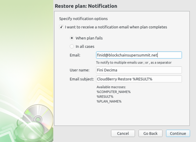 CloudBerry Backup restore operation