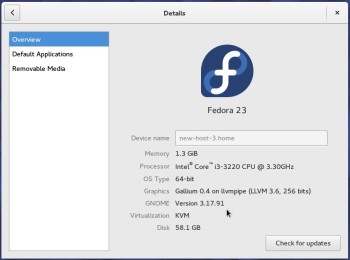 Fedora 23 GNOME system info