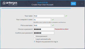 Antergos Cnchi user setup