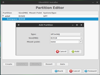 GhostBSD 10.1 partition editor
