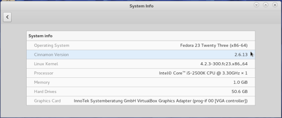 Fedora 23 Cinnamon system information