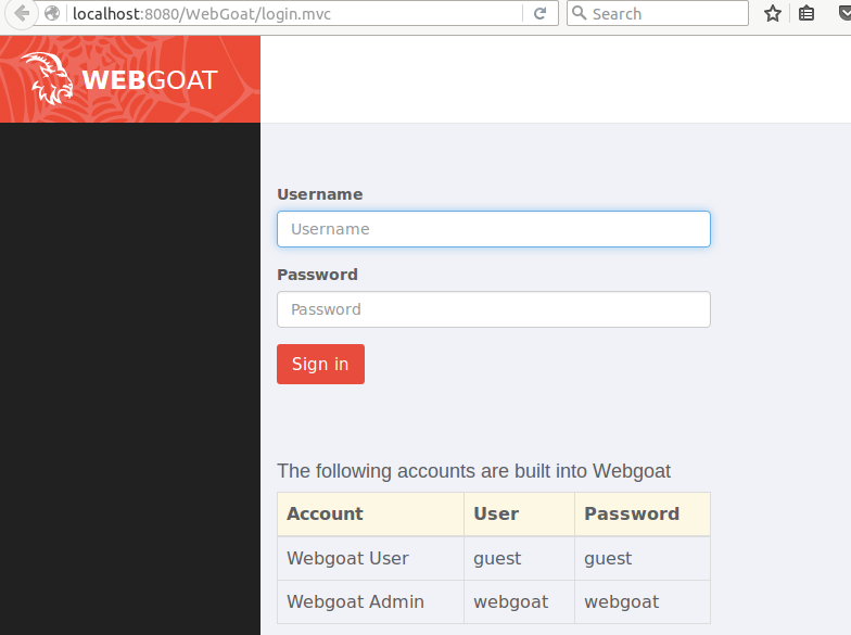WebGoat's login screen