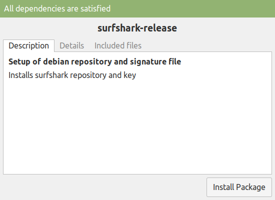 Using GDebi Installer to install Surfshark