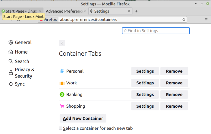 Firefox Container management