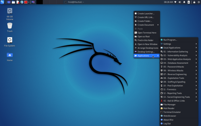 Kali Linux context menu