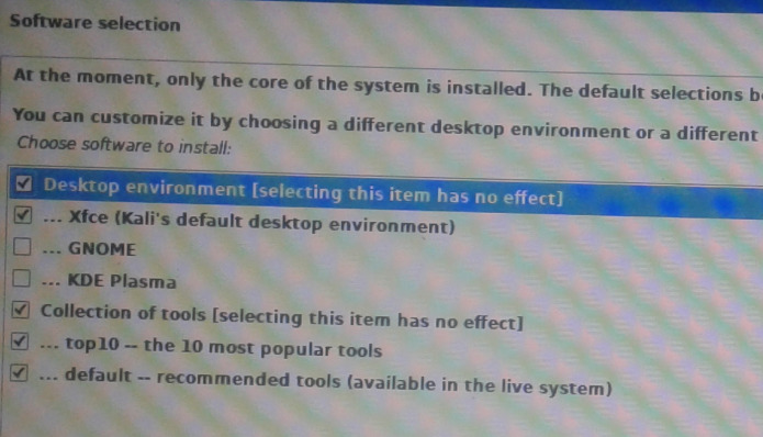 Desktop selections for Kali Linux 2021.3