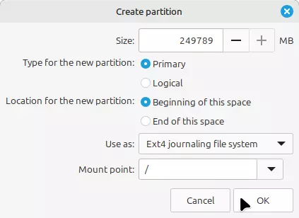 Linux Mint 22 creating root partition