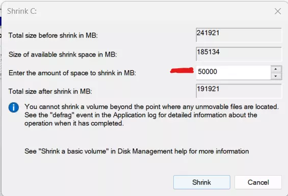 Shrinking Windows 11 C drive